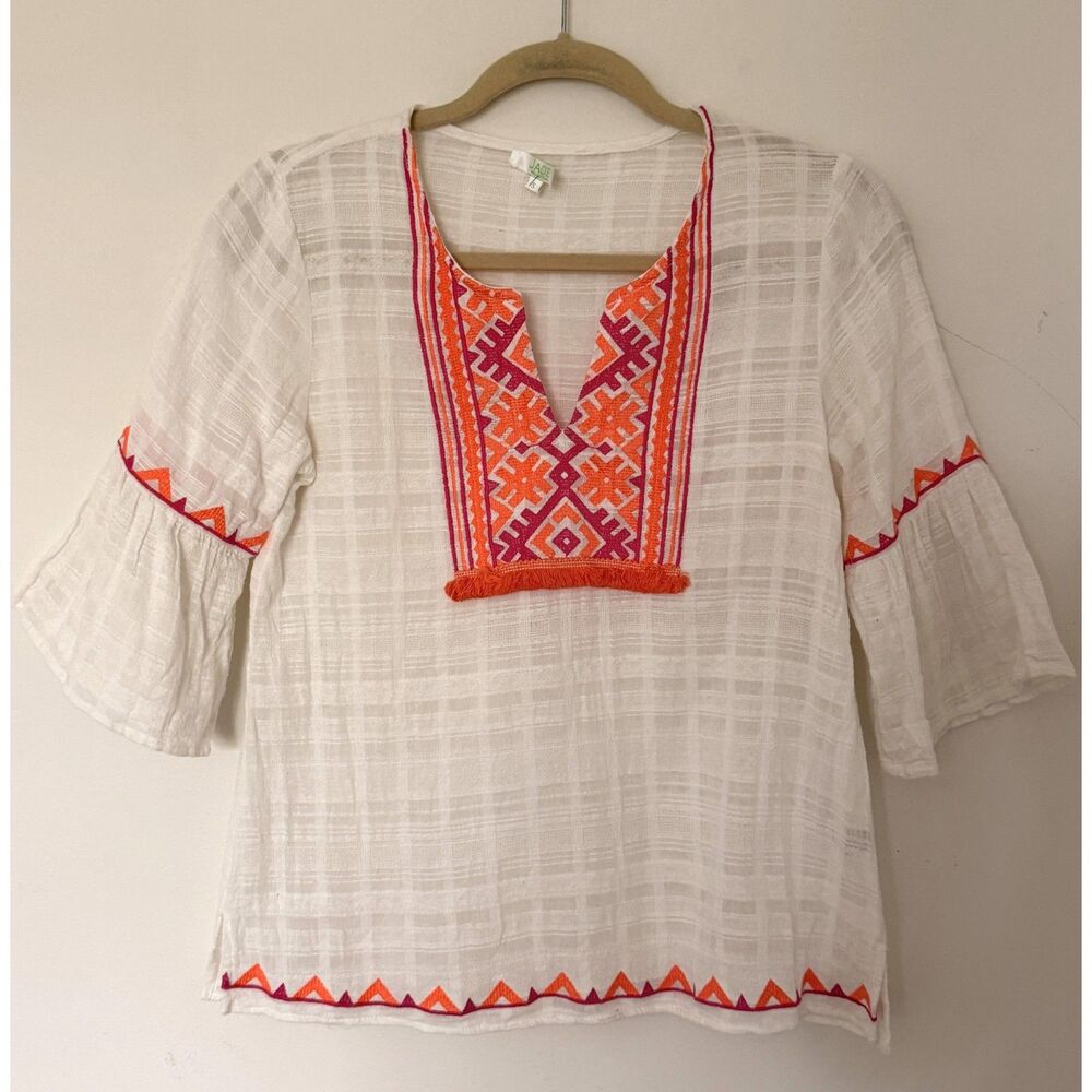Jade By Melody Tam Embroidered White Cotton Bell Sleeve V-Neck Tunic Top Sz S